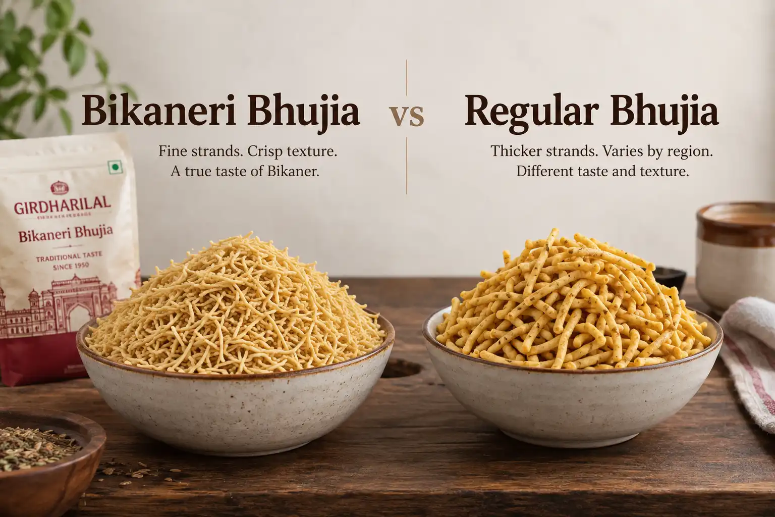 Bikaneri Bhujia vs regular Bhujia comparison with fine and thick crispy strands